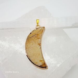 Carved Yellow Aventurine Wrap Gold Toned Crescent Moon Pendant Goth Witchy 1.96"